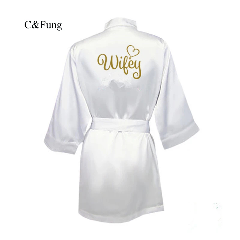 C & Fung невесты wifey халат Золотой атласный белый свадебный peignoir femme подарок для