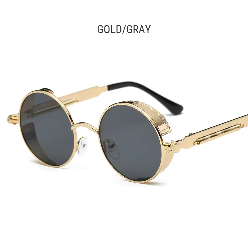 gold-gray Синие круглые стимпанк Солнцезащитные очки для мужчин и женщин, фирменный дизайн, готические защитные очки в стиле стимпанк, Ретро металлическая оправа, панк солнцезащитные очки - Цвет линз: gold-gray