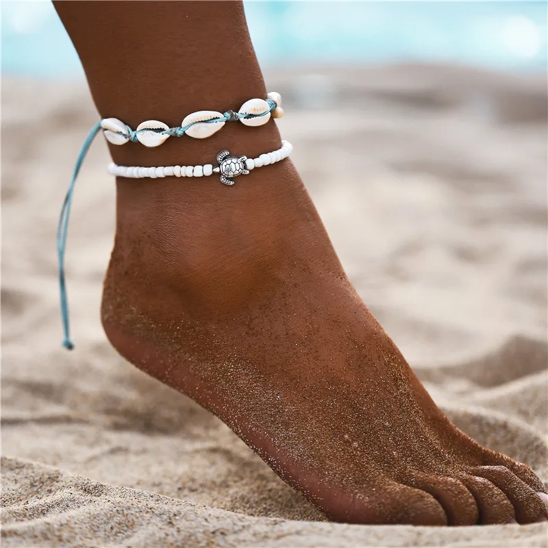 Boho Ocean Beach Sea Shell Cowrie лодыжки браслет Многослойные Бусины Регулируемая Веревка