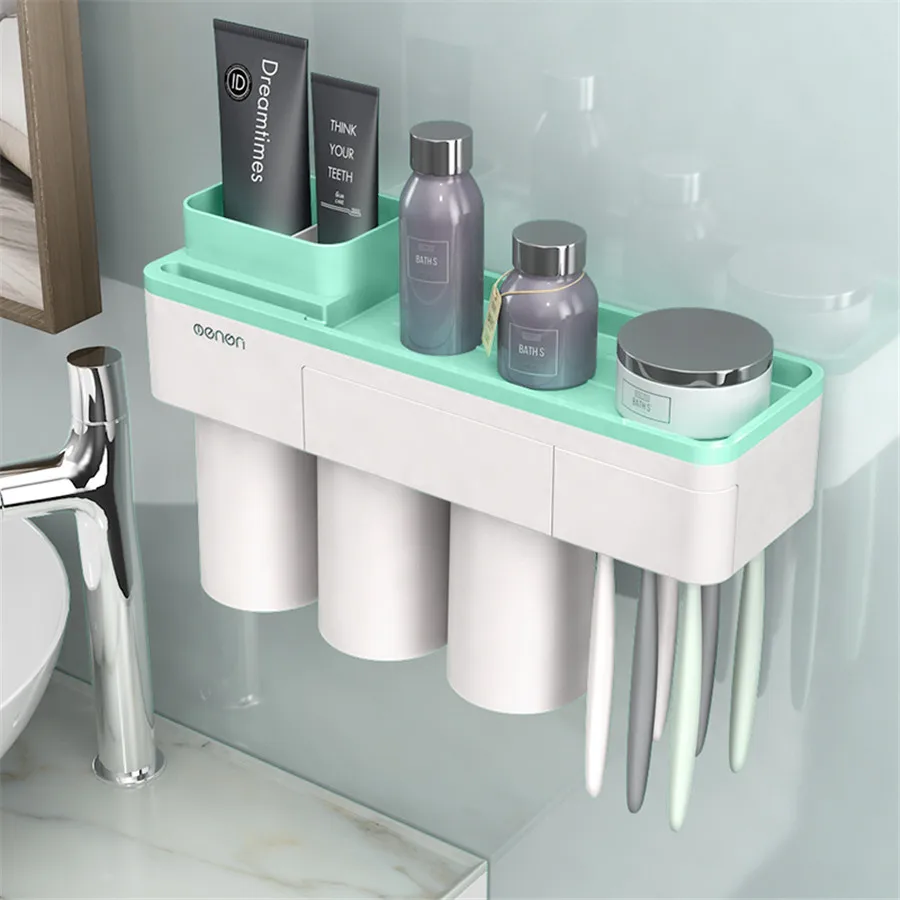 3 CUPS green Магнитный аттракцион держатель для зубной пасты и для зубной щетки бритва полка 2 3 чашки стеллаж для хранения ванная комната Санузел аксессуары набор настенный - Цвет: 3 CUPS green