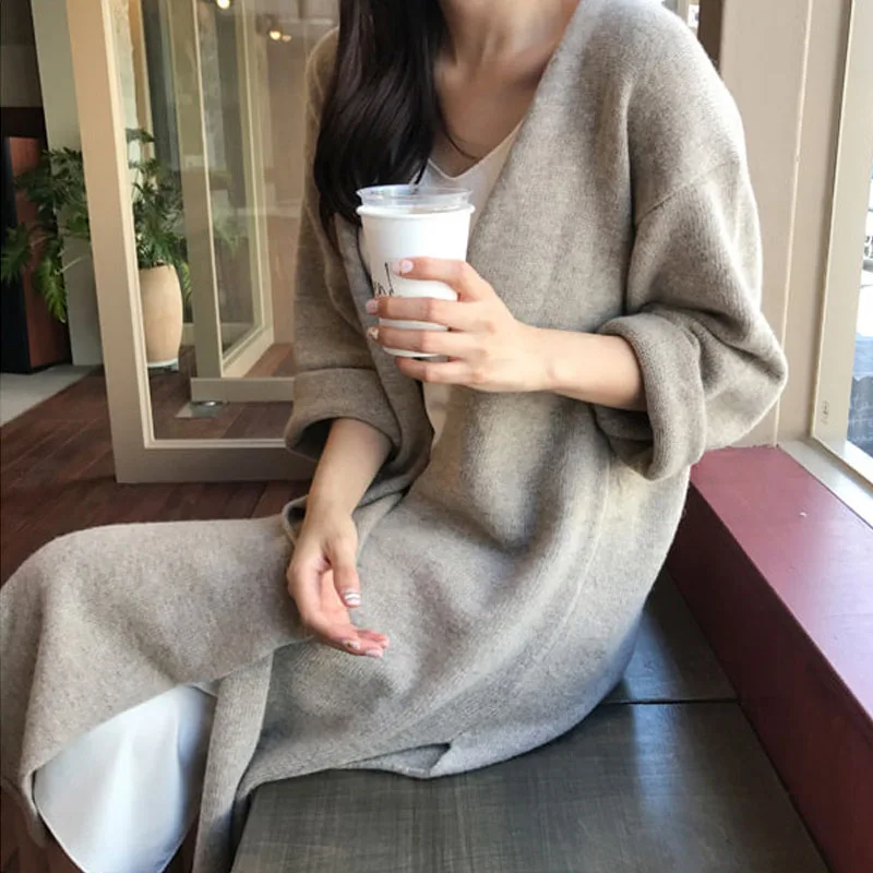 Ladies Loose Cardigan Sweater 2018 Winter Women Solid Knitted Long Kimono Split Overcoat Soft With Belt Outwear |