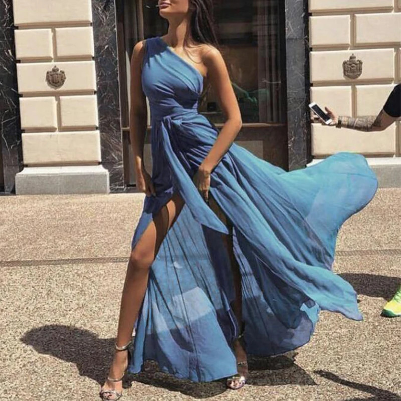 Женское шифоновое платье с разрезом повседневное однотонное большого размера