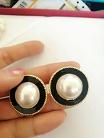 round pearl black enamel cute fashion clip earrings statement ear jewelry for women