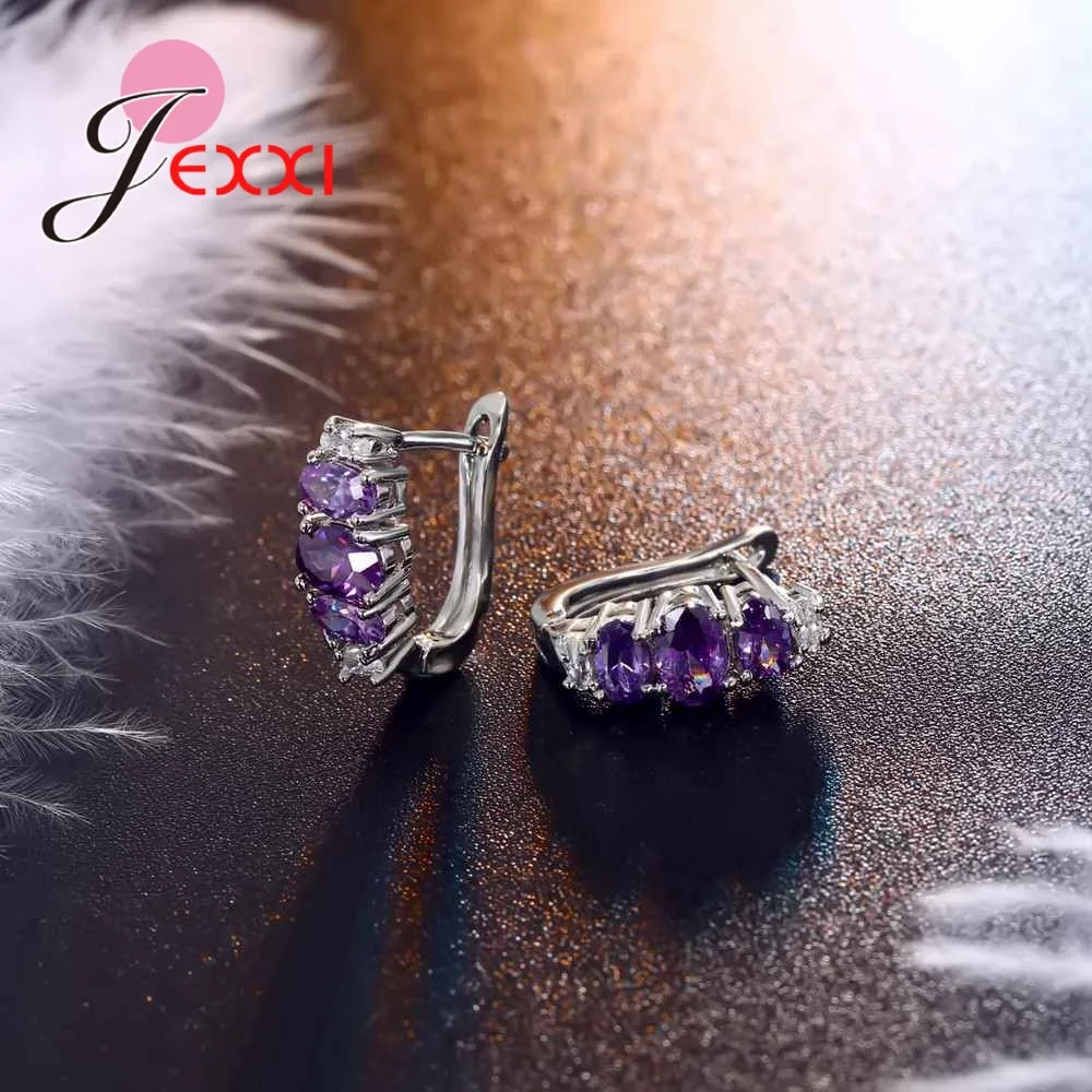 Серьги-кольца из чистого 925 пробы серебра с фиолетовым кубическим цирконием