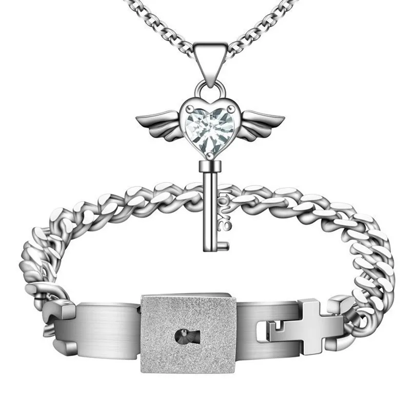 2PCS Fashion A Couple Jewelry Sets For Lovers Titanium Steel Love Heart Lock Bracelets Bangles Key Pendant Necklace Couples Set | Украшения