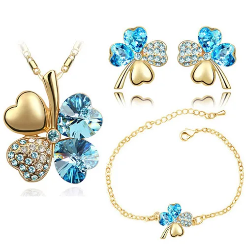 gold oceanblue Кристалл Клевер 4 листа листья кулон в форме сердца, украшения наборы ожерелье серьги браслет для женщин любовник милые романтические подарки - Окраска металла: gold oceanblue