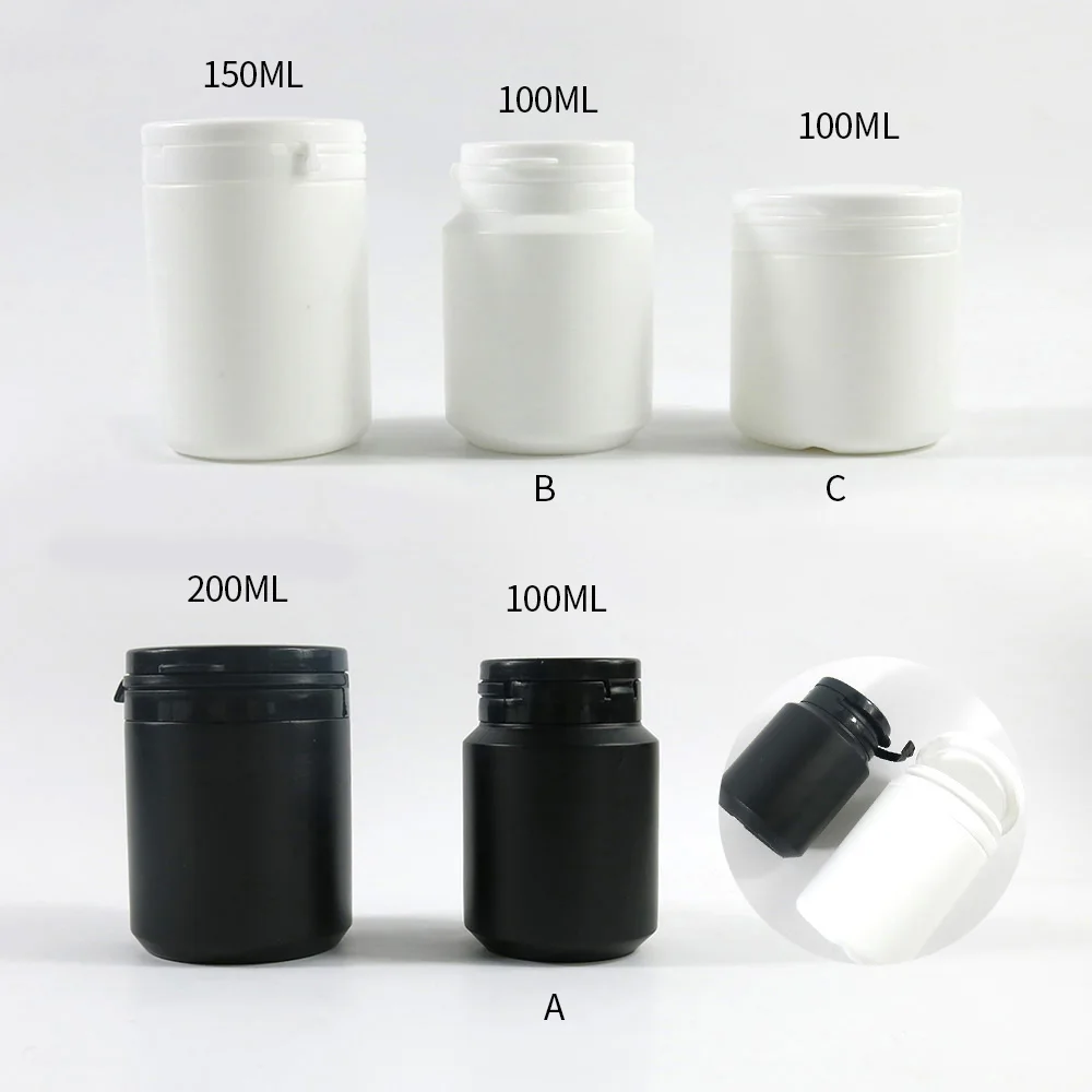 50x100ml 150ml 200ml plástico blanco negro goma de mascar con tapa de rasgado PP frasco para cápsulas/paquetes de Medicina de pastillas