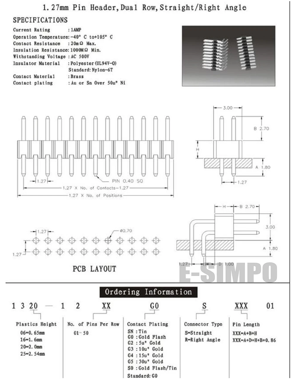 100 шт. 1 27 мм RA Right AngleDouble Row Pin Заголовок AU1u &quot2x8p 2x40p 2x50p шаг 0 05&quot PCB штыревой разъем