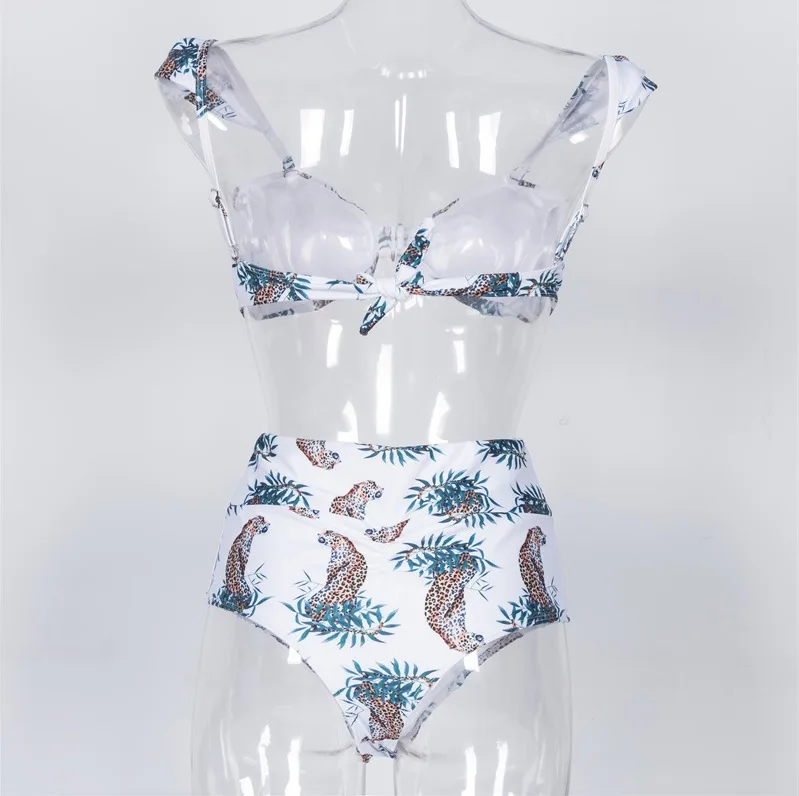 Комплект бикини с принтом и высокой талией бандо женский купальник пуш-ап рюшами