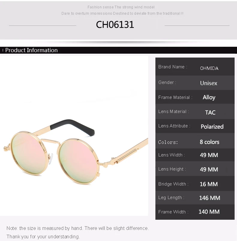 

OHMIDA Round Steampunk Sunglasses Men Retro Polarized Sunglasses Women Black Spring Leg Vintage Fashion Metal Sun Glasses UV400