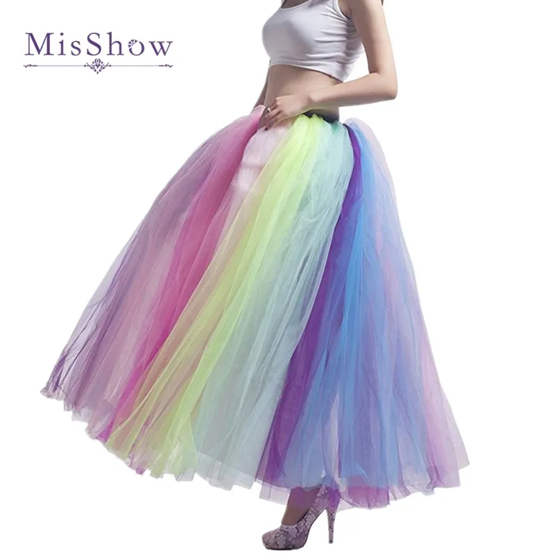 MisShow/Новое поступление, красочная пляжная Макси-юбка, сексуальная женская Тюлевая юбка, Женская длинная длина в пол, радужная юбка-пачка для женщин