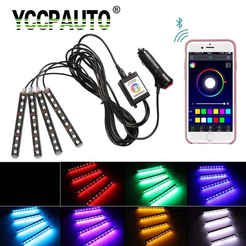 9 светодиодный декоративный светильник для салона автомобиля 5050 RGB светодиодный-полоски для ног автомобиля атмосферные лампы Bluetooth Android iOS APP контроллер неоновая лампа