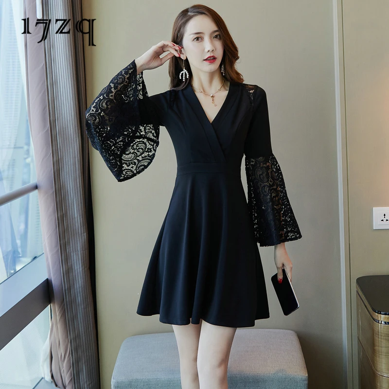

17zq Black Women Dress 2018 New Fashion Autumn Dresses V-Neck Tall Waist Line Flare Sleeve Lace Party Female Dress D2782