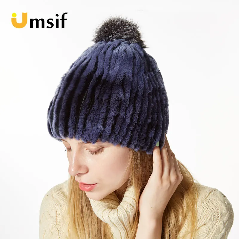 2018 Новая зимняя женская теплая вязаная шапка с кроличьим мехом Женская