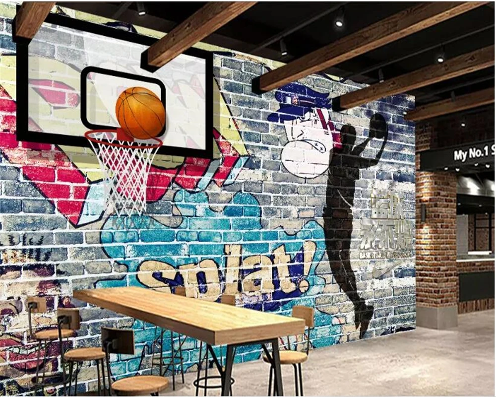 

beibehang Vinyl wall Customized basketball never put out graffiti brick wall American decorative mural wall paper for kids room