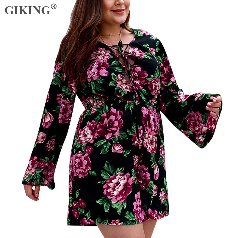 GIKING Floral Print Plus Size Playsuits Full Sleeve Boho Style Jumpsuit Sexy V-neck Woman Spring Summer Office Lady Rompers 2019 | Женская