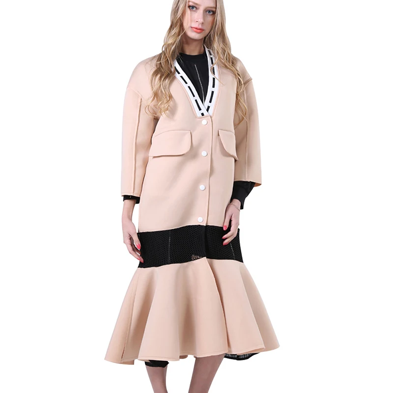 TWOTWINSTYLE Patchwork Mesh Trench Coats Female Fishtail Long Windbreaker Cardigan Women Clothing Space Cotton Fashion|fashion trench coat|trench