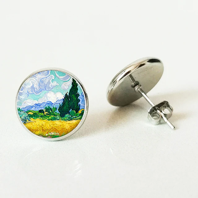 

NEW Vintage Van Gogh wheat field with cypress tree art Stud Earrings,glass cabochon Stud Earrings fashion jewelry