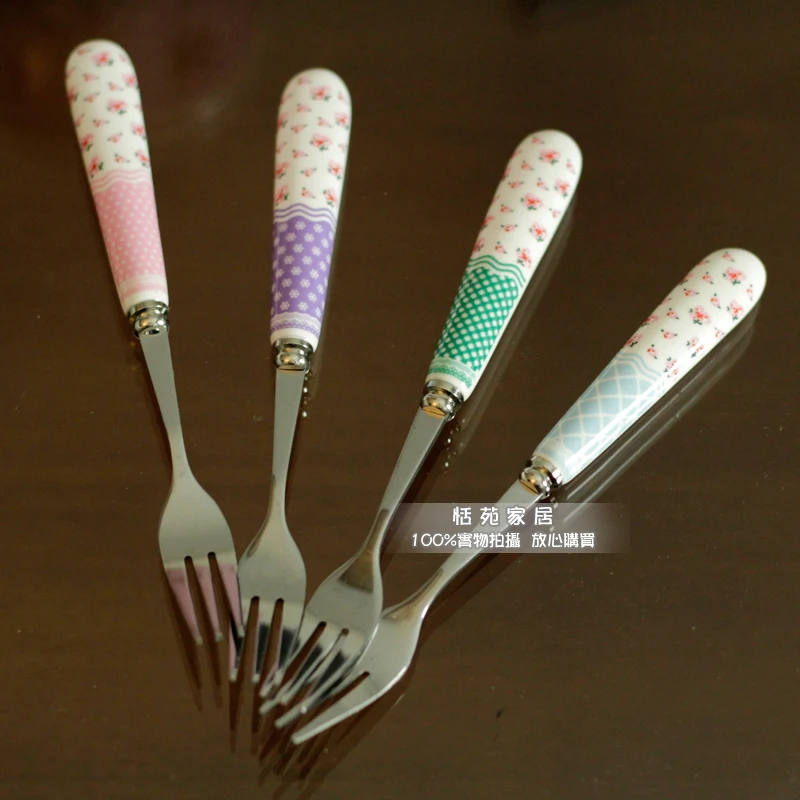 Милая роза в горошек керамическая ручка вилка для фруктов модная из нержавеющей