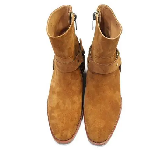 Attantou Tan/Black Suede Leather Chains Harness Men Boots Stacked Heel Anke Side Zip Fashion Chelsea Shoes | Обувь