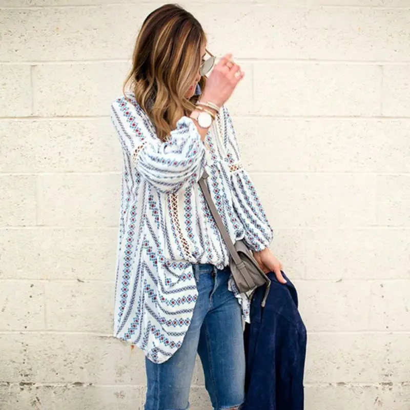 Для женщин V вырез горловины пуловер с длинными рукавами синий печать свободные