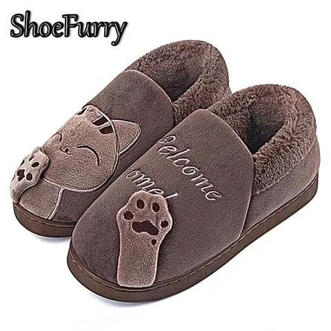 SZJ-BMZ Coffee ShoeFurry/хлопковая обувь с рисунком кота; мужские зимние домашние тапочки; нескользящая домашняя обувь; мужские теплые плюшевые тапочки для спальни; Утепленная обувь - Цвет: SZJ-BMZ Coffee