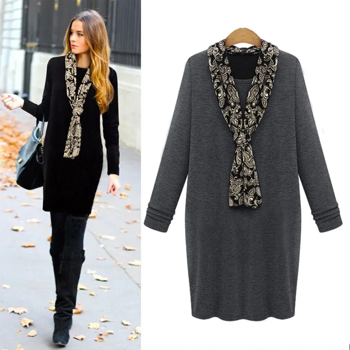 Женская одежда больших размеров 2016 утепленное теплое осенне зимнее платье