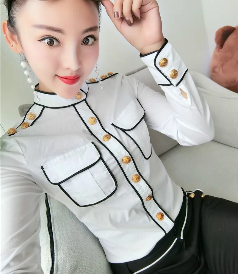 

2020 Autumn Vintage Long Sleeve Stand Collar Black Cotton Shirts Women Gold Button Pockets Cotton Blouses Military Army Tops
