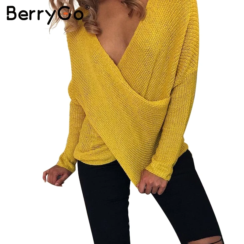 BerryGo Sexy V neck cross knitting winter sweater women Autumn pull knit casual jumper Fashion down sleeve pullover female 2017 | Женская