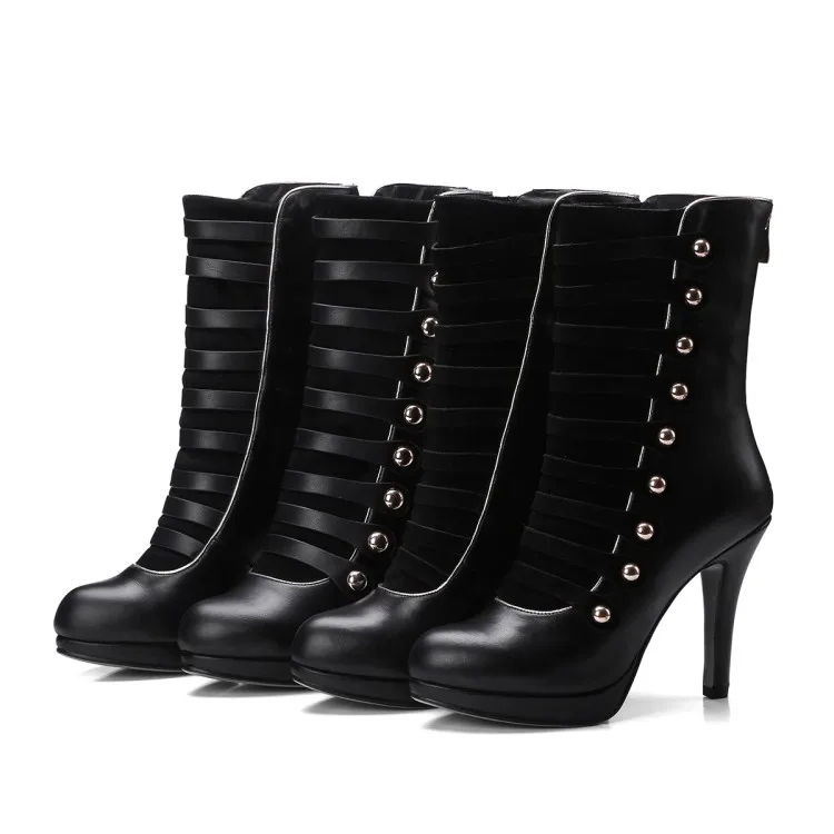 

Olomm Women Winter Leather Platform Ankle Boots Stiletto Heels Boots Charm Round Toe Ladies Black Shoes Women US Size 3-10.5