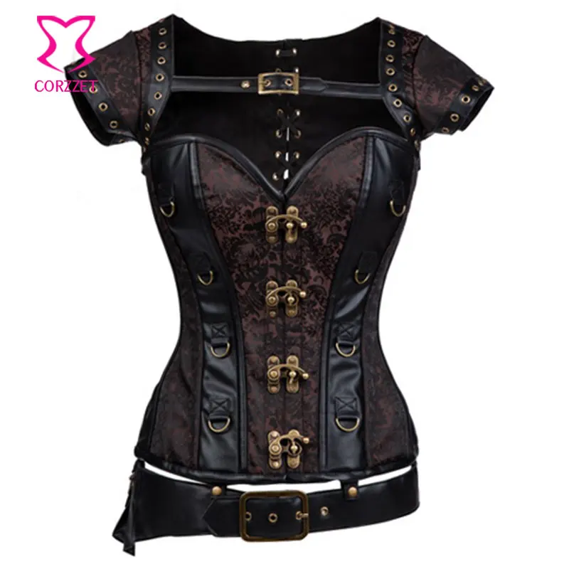 Vintage Black Leather and Brown Brocade Steel Boned Gothic Corset Steampunk Clothing Korsett For Women Sexy Corsets And Bustiers