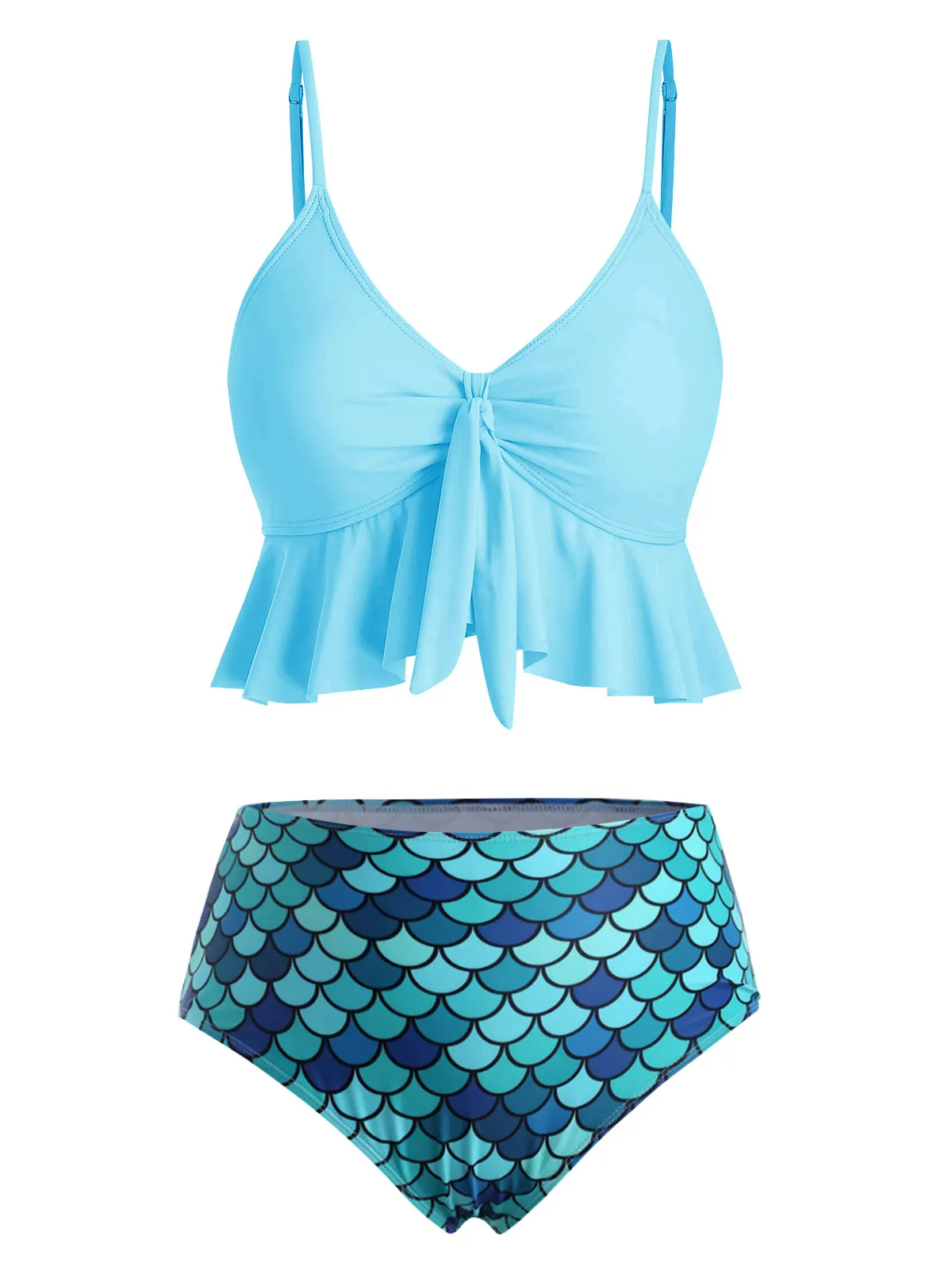 

Women Knot Flounce Scale Print Mermaid Tankini Sets Summer High Waisted Two Piece Swimsuit Holiday Swimwear Bikini