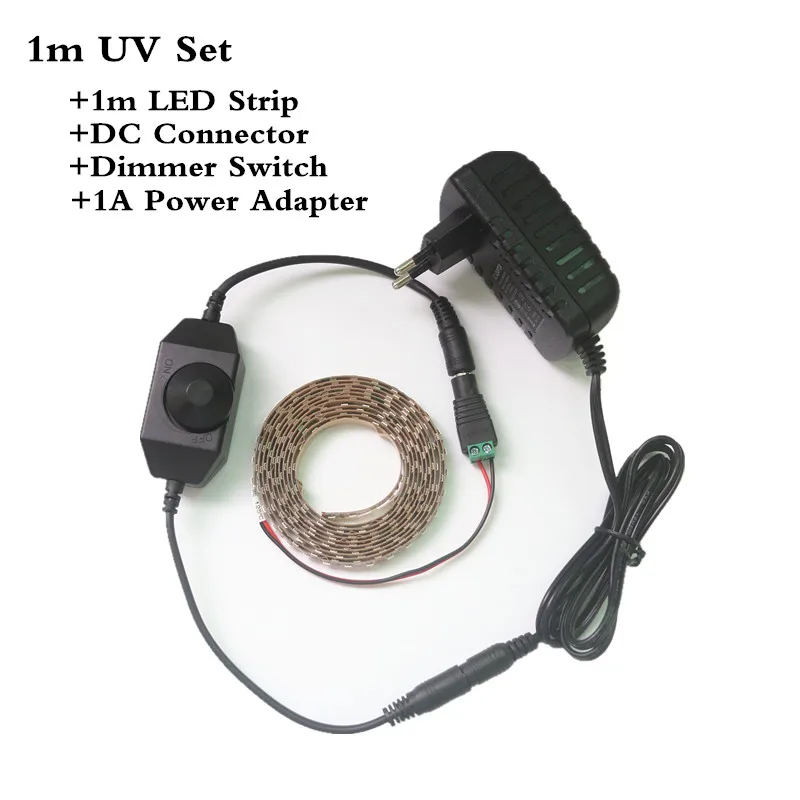 1m Set Uv 5050 Светодиодные полосы света 395nm-405nm 5 м водонепроницаемый УФ черный свет+ 12 В адаптер питания+ диммер переключатель ультрафиолетового ленты лампы DC12V - Испускаемый цвет: 1m Set