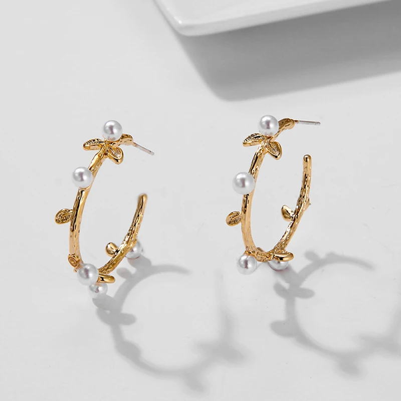SRCOI Vintage Japan Korean Imitation Pearls Hoop Earrings C-shaped Circle Women Bride Wedding Earring 2020 | Украшения и