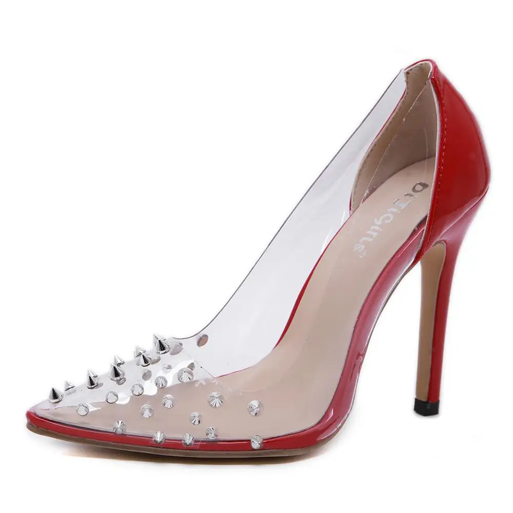 

Fashion Pointed Sexy Rivet PU Pumps Transparent Stiletto High Heels Dresses Red Female Slip Ons Wedding Party Shoes Women Shoes