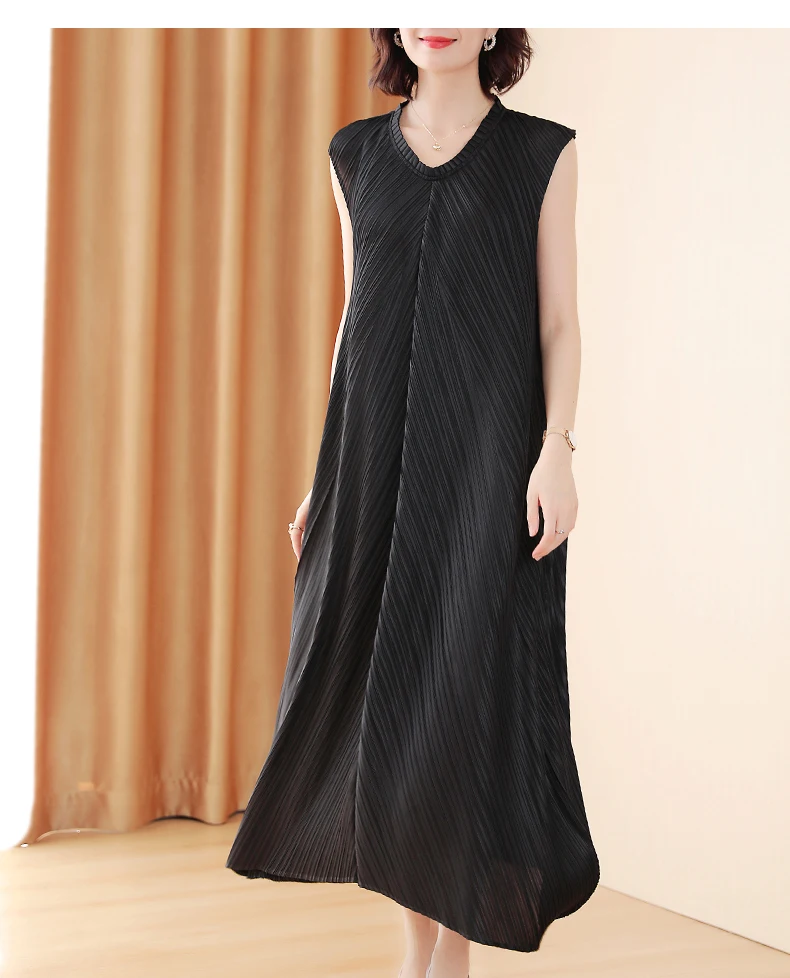 Changpleat новые летние женские макси платья Miyak плиссированные модные однотонные свободные большие эластичные v-образным вырезом Большие размеры женское длинное платье
