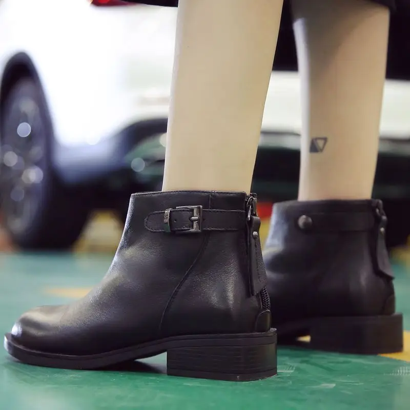 TAOFFEN British Style Real Leather Women Ankle Boots Zipper Round Toe Shoes Winter Autumn Warm Chelsea Size 35-39 | Обувь