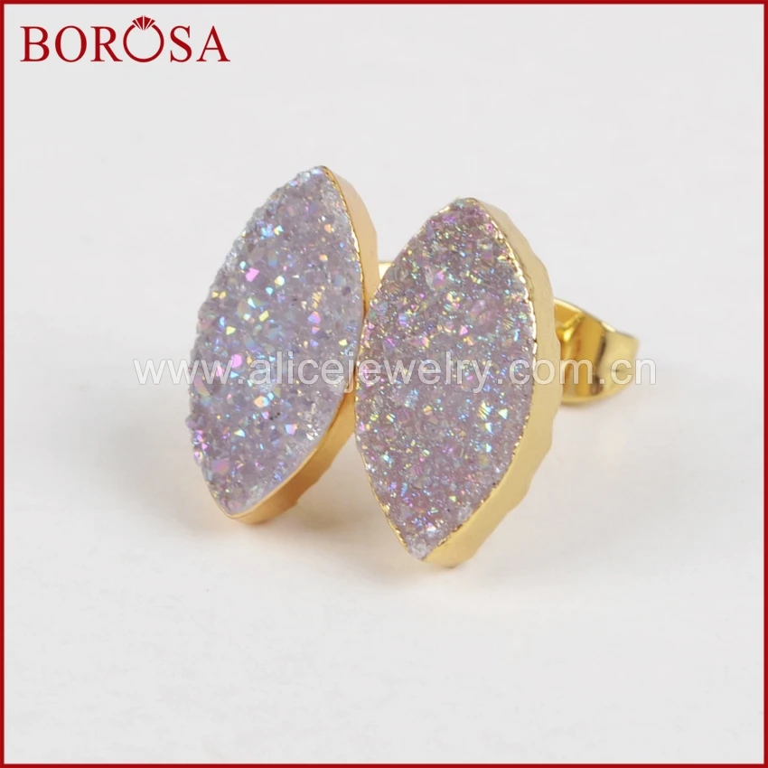 

BOROSA Gold Color Marquise Titanium Crystal Druzy Stud Earrings, New Stylish Druzy Crystal Drusy Stud Earrings Jewelry G1226