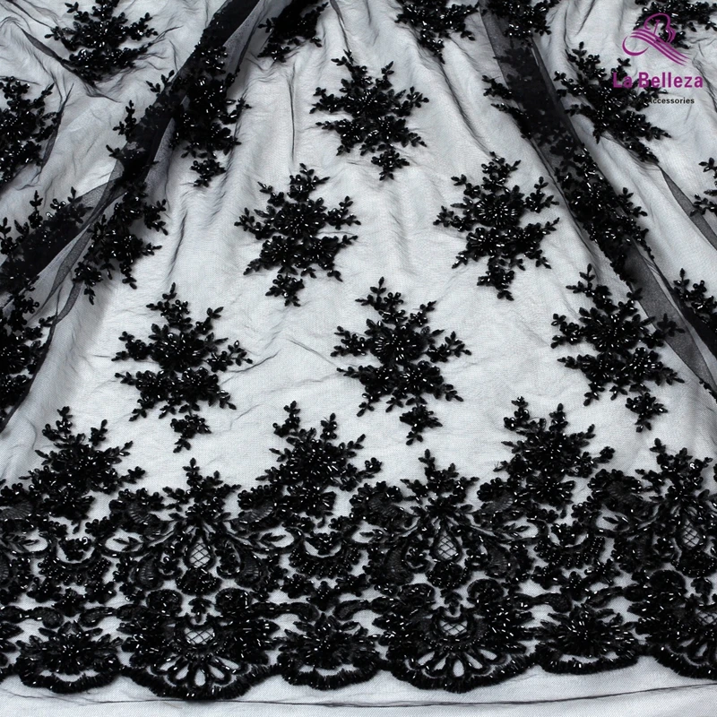 

La Belleza 1yard heavy handmade beaded lace fabric black /royal blue /wine/ivory/gray wedding dress lace fabric 49'' width