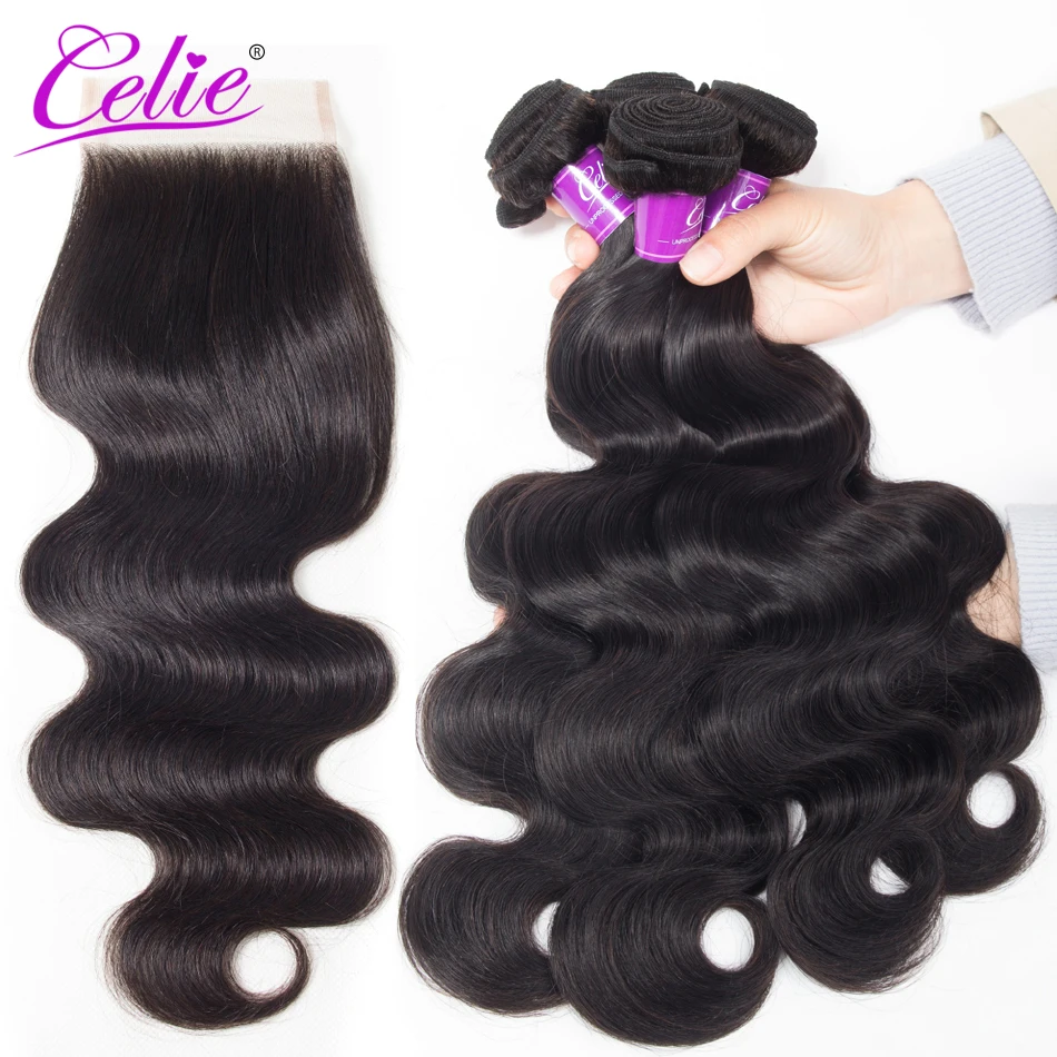 Celie волосы бразильские волнистые с закрытием Remy пучки волнистых волос 4 пучка