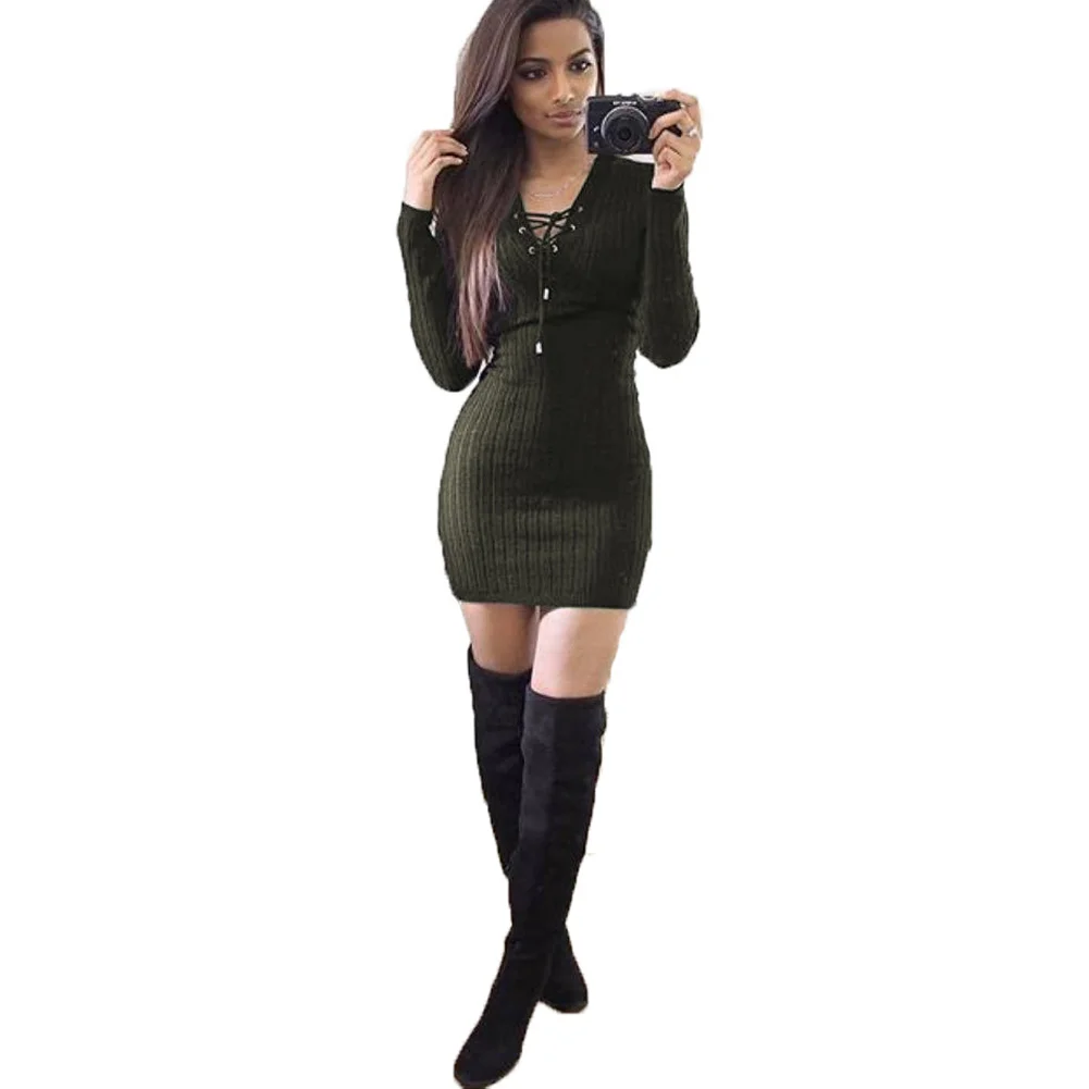 Женские кружево до трикотажные Обтягивающий джемпер платье Зима Bodycon платья для