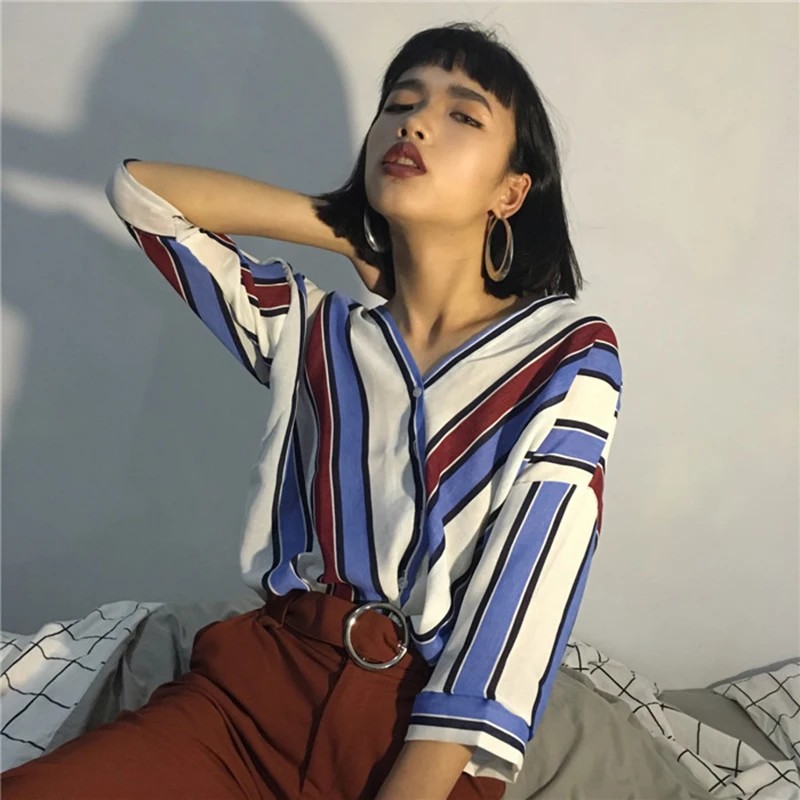 Новинка 2019 женские свободные рабочие рубашки модная цветная полосатая блузка с