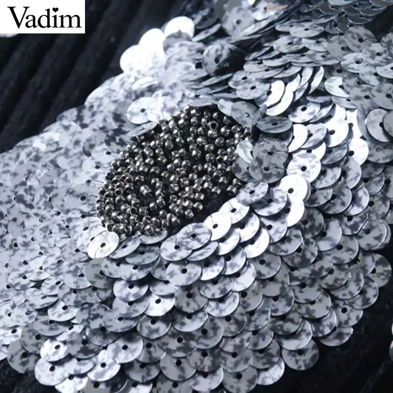 Vadim beading sequined loose knitted sweater floral pattern turtleneck long sleeve stretchy pullovers female retro tops HA225 | Женская