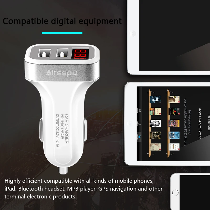Airsspu Dual USB Car Charger 5V 2.1A LED Screen Car-Charger Adapter Charging for iPhone Samsung Tablet Protect Voltage Warning | Мобильные