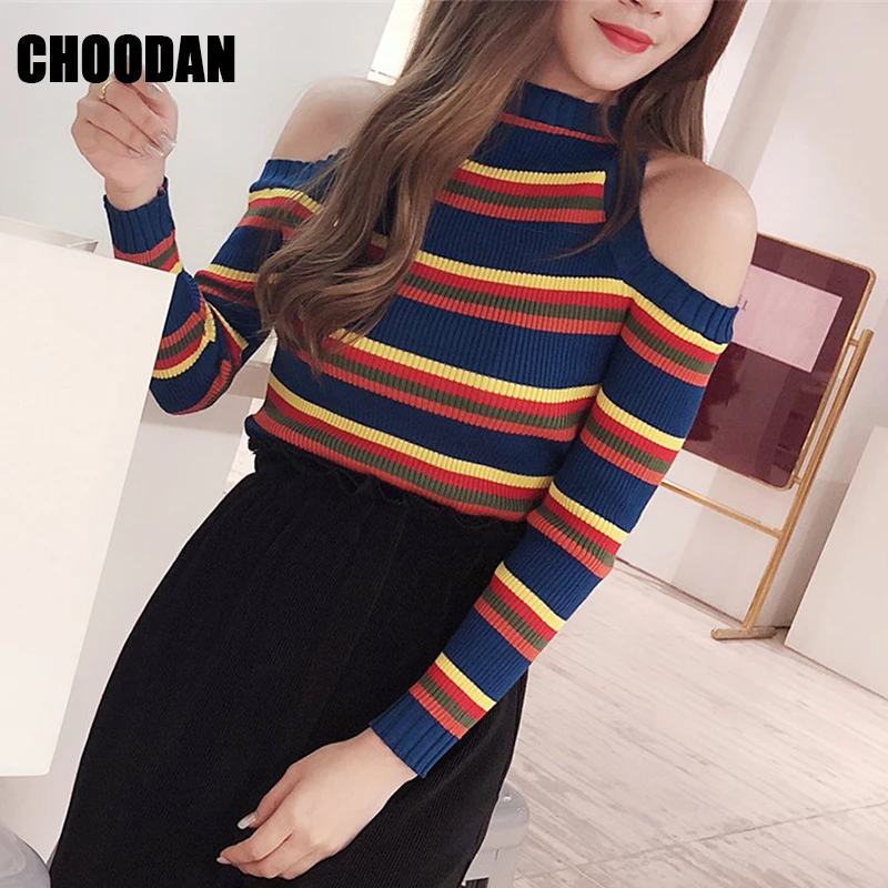 Knitting Sweater Women Sexy Off Shoulder Long Sleeve Autumn Winter Fashion 2018 New Striped Sweaters And Pullovers Fitness Shirt | Женская