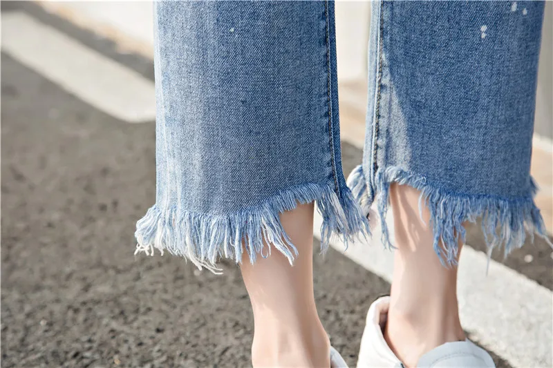 YAGENZ 2017 Fashion Korean Women Hole Burr Jeans High waist Loose Nine points pants Straight Retro Students Wide leg |
