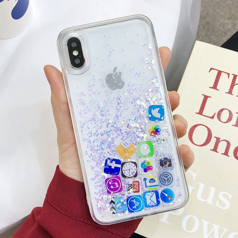 Luxury brand Stylish Funny Mobile Application Lcons Phone Case For iphone XS MAX 8 7 6s Plus Dynamic Liquid Quicksand Back |
