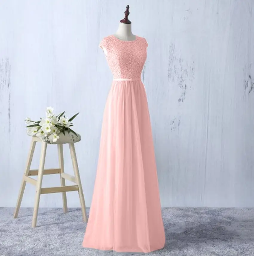 

Robe demoiselle d'honneur2019 new Scoop neck lace short sleeve A Line navy blue dark green pink silver bridesmaid dresses long