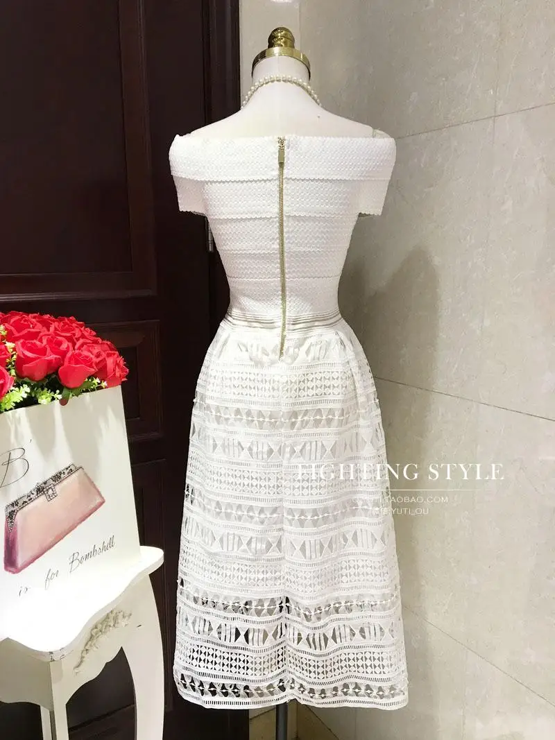 Твердые Кружева Полые женщин Повязку Слэш Шеи Сетка Выкл Шолдер Середины икры