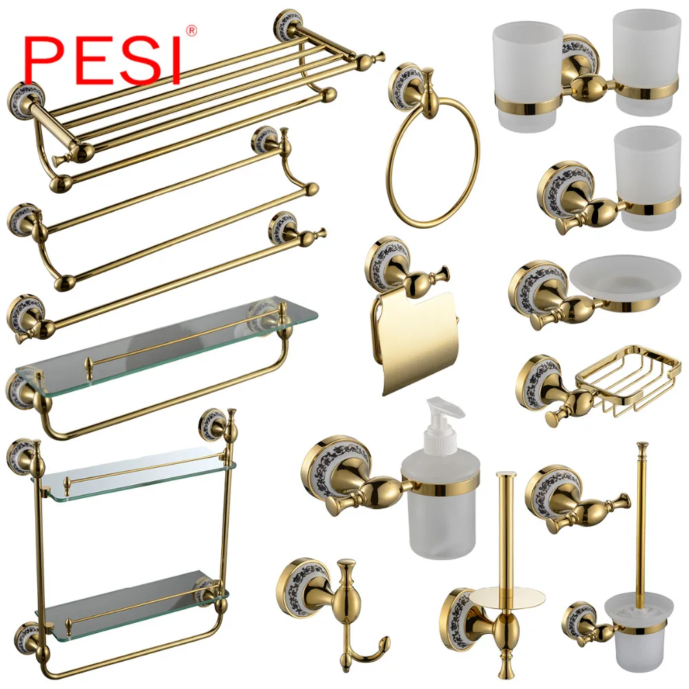 

All Brass Bathroom Hardware Set Robe Hook Towel Rail Rack Bar Shelf Paper Holder Toothbrush Holder Bathroom Accessories Gold